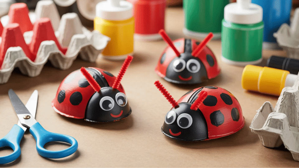 Egg carton ladybugs on table with paint, glue, and scissors.