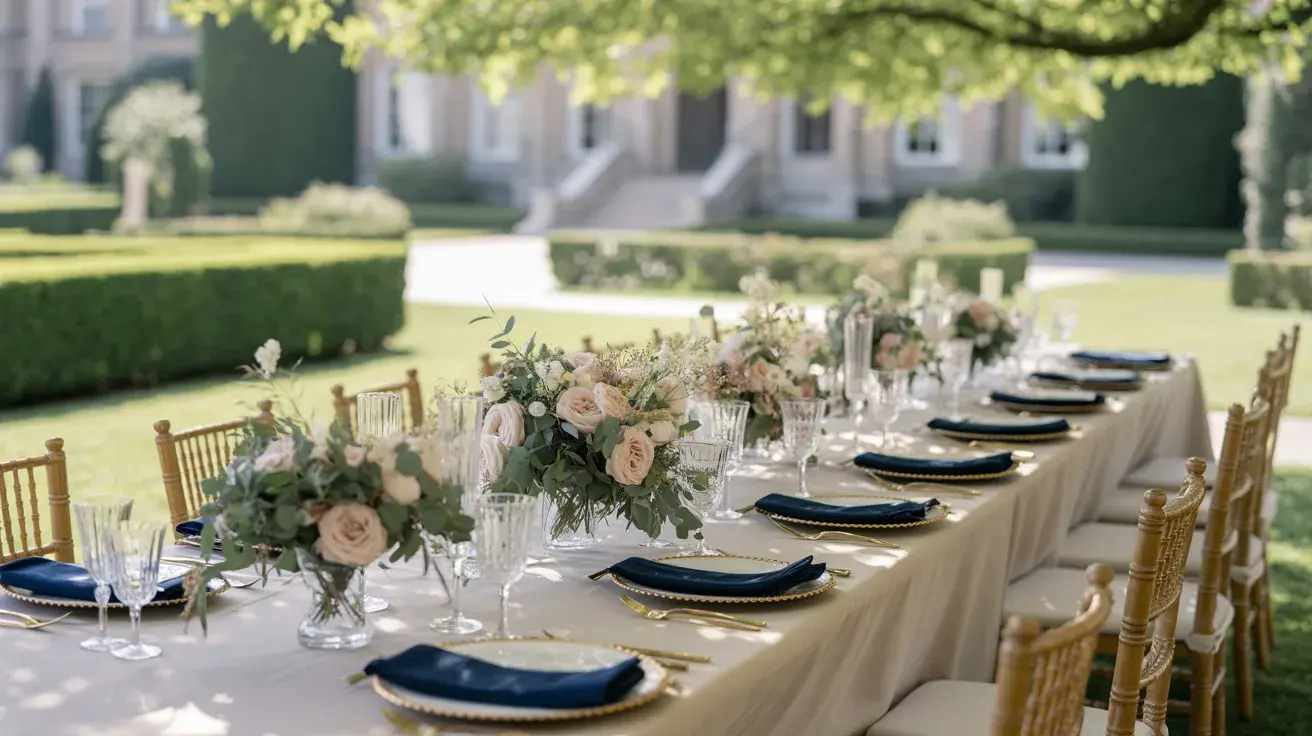 Elegant estate wedding table with navy napkins, cream linens, and sage floral arrangements set in a sunlit garden