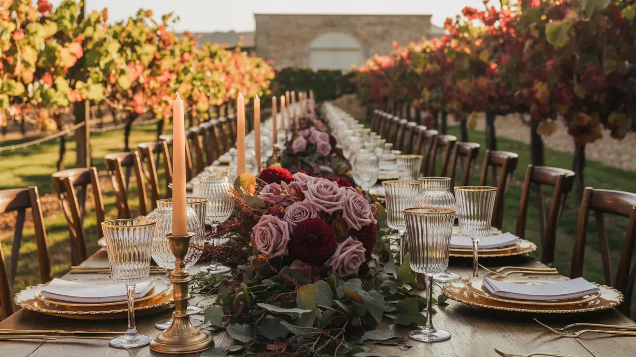 Elegant fall vineyard wedding table with burgundy and blush florals, and candlelight set