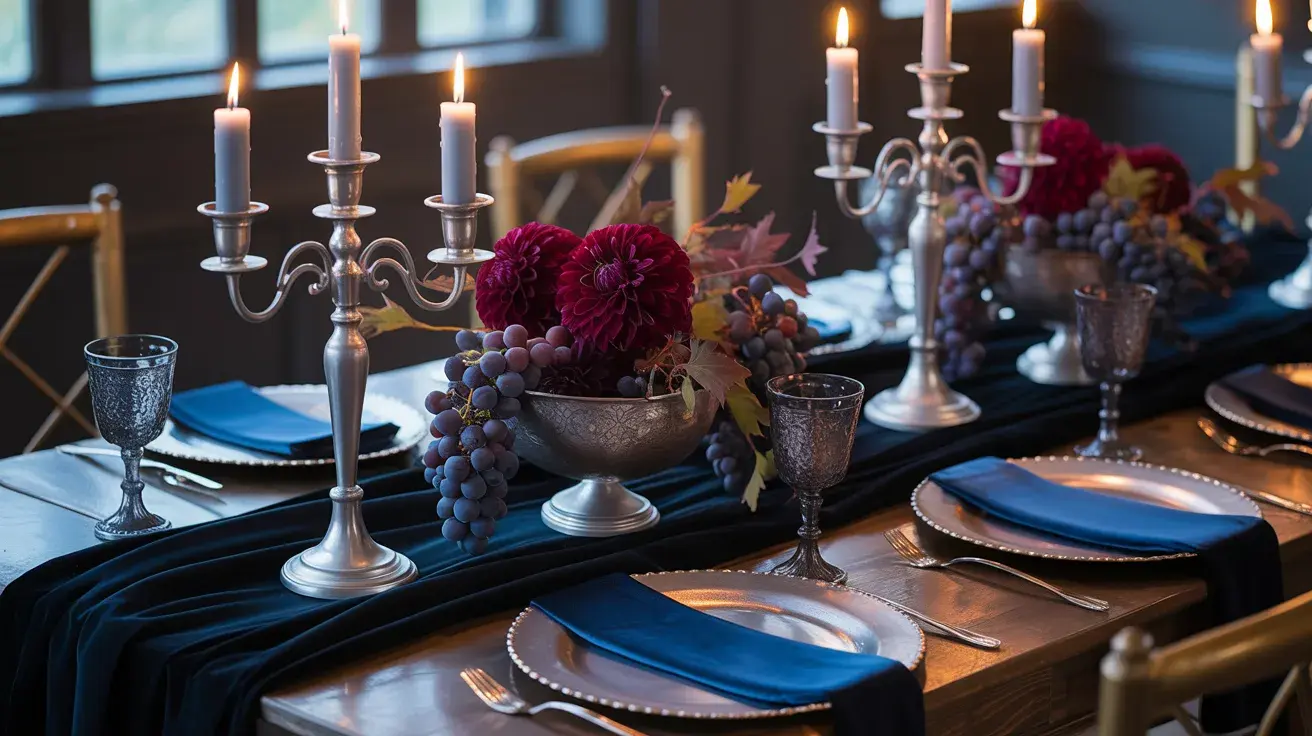 Elegant fall wedding tablescape with cold watercolor-inspired navy linens, silver candelabras, grapes, and deep burgundy floral centerpieces