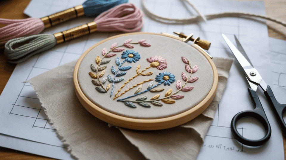 Embroidery hoop art on table with thread, needle, and scissors.
