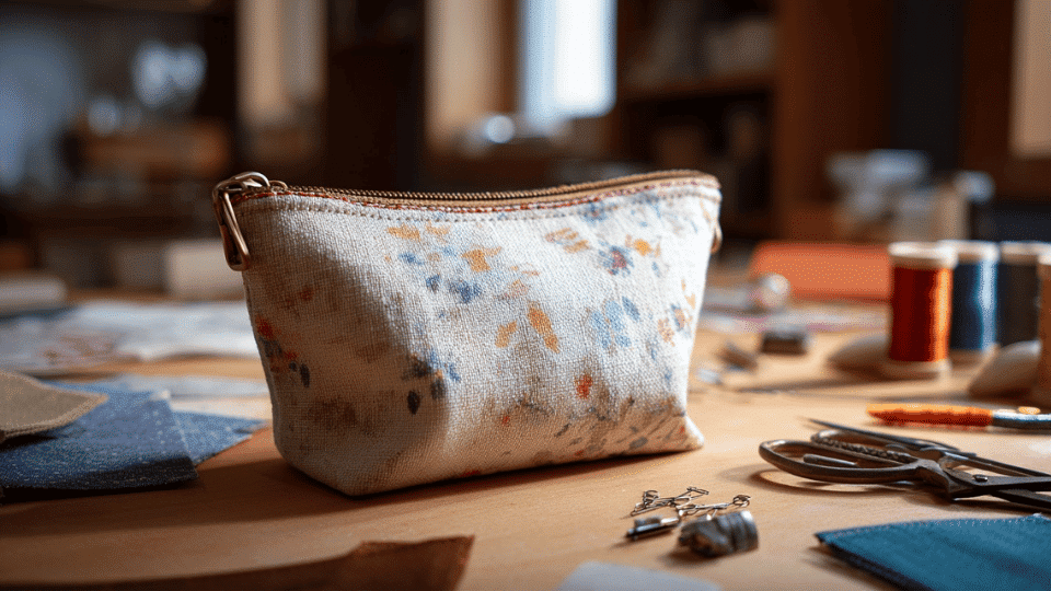 Fabric zipper pouch on table with thread and scissors.