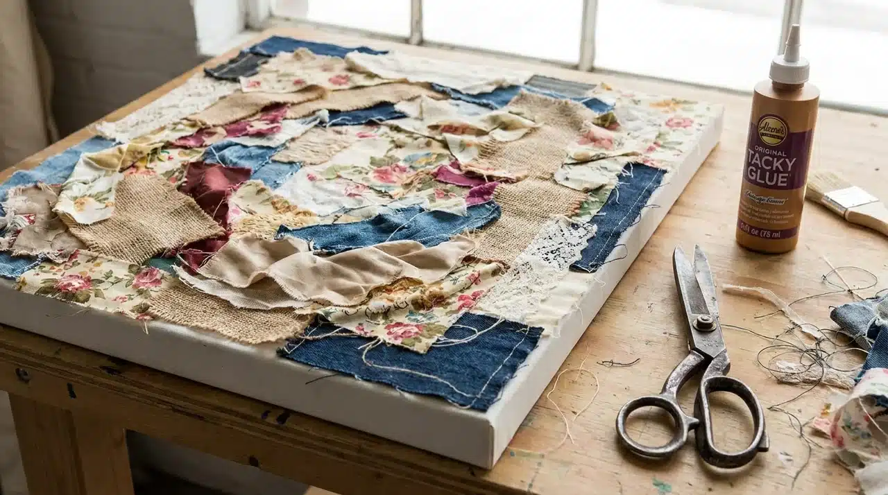 Canvas with layered fabric scraps forming an abstract pattern, scissors and glue visible.