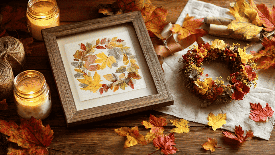 Fall leaf wreath and framed leaf art on table with leaves.