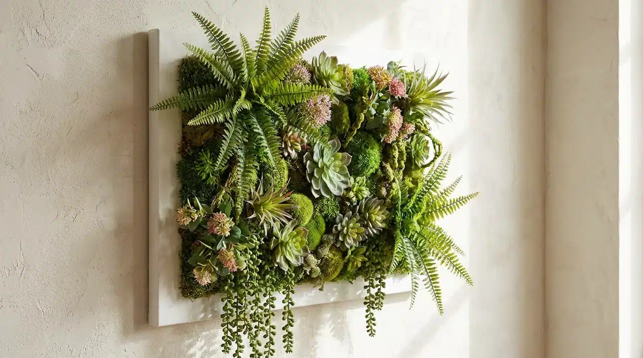 Canvas with artificial plants forming a lush mini vertical garden.