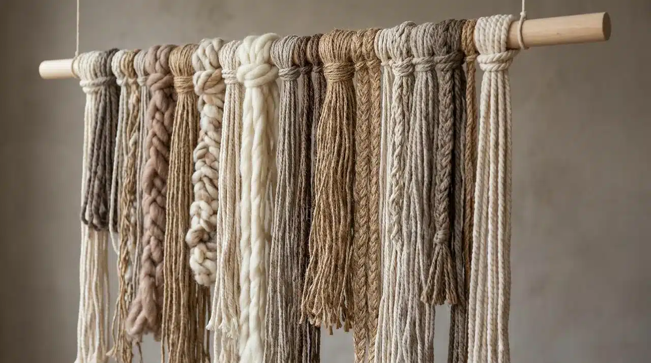 Macrame wall hanging with layered yarn in neutral shades on a wooden dowel.