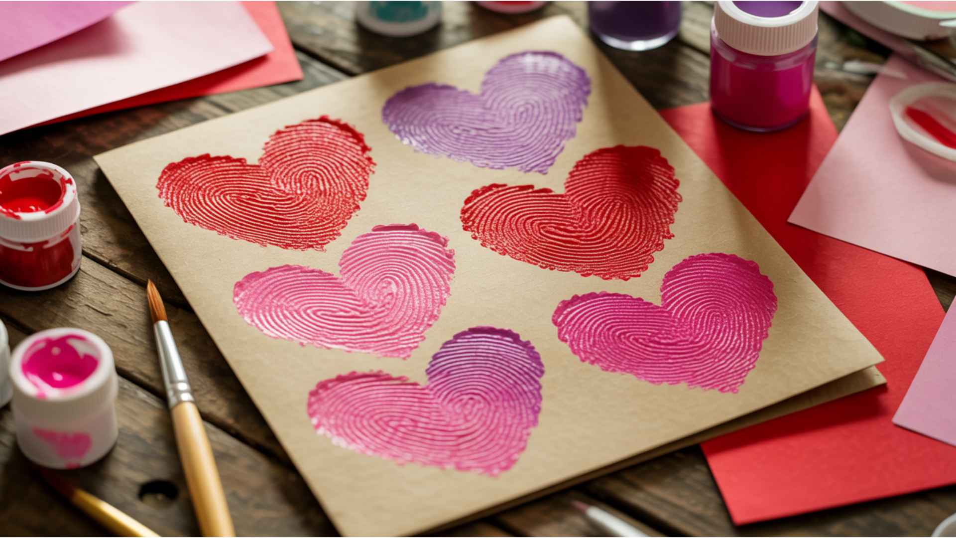 Handmade Valentine’s card with heart shapes created by repeated colorful fingerprints.