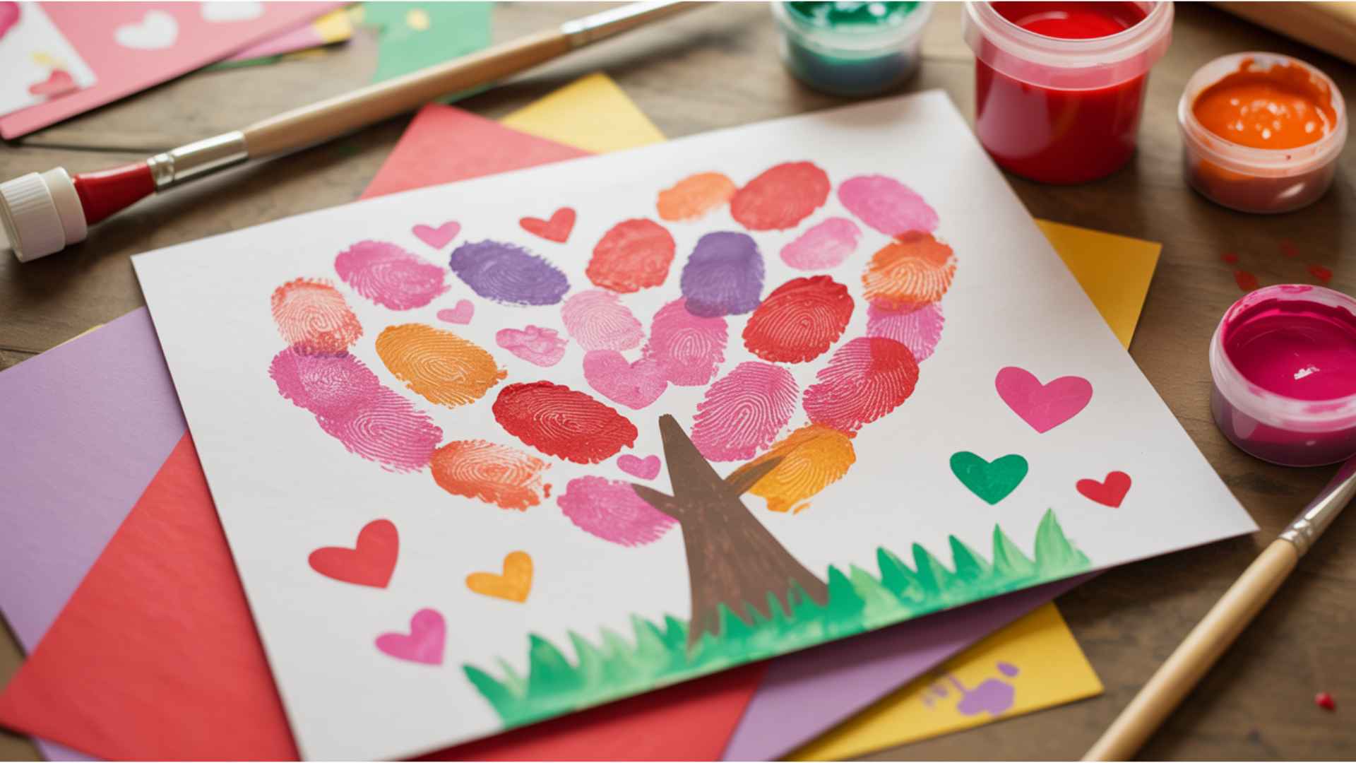 Children’s DIY Valentine’s card creating a heart-shaped tree with colorful fingerprint stamps.