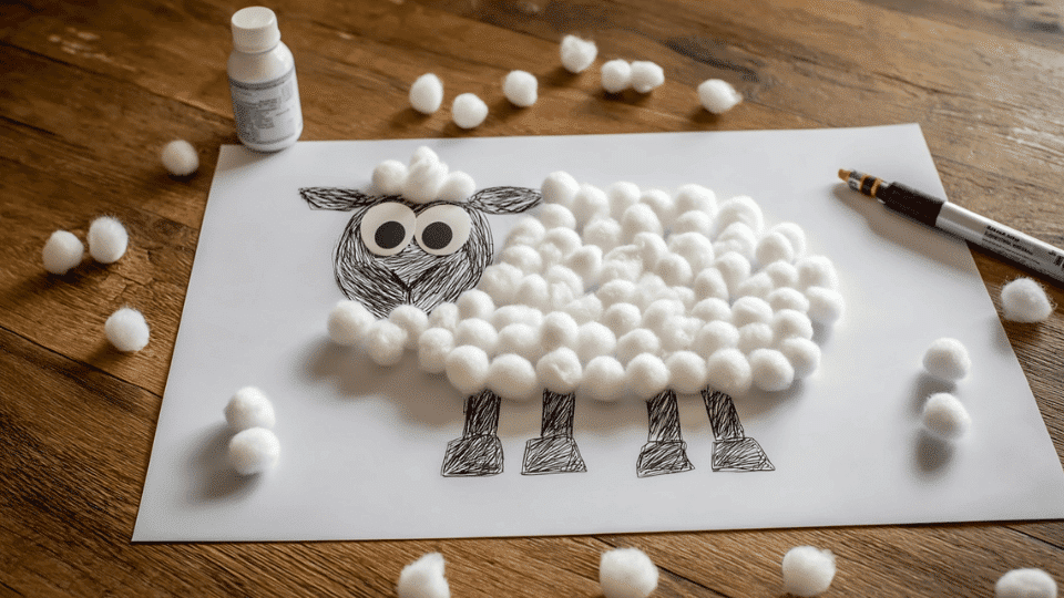 Flat cotton ball sheep paper craft on table with glue and marker.