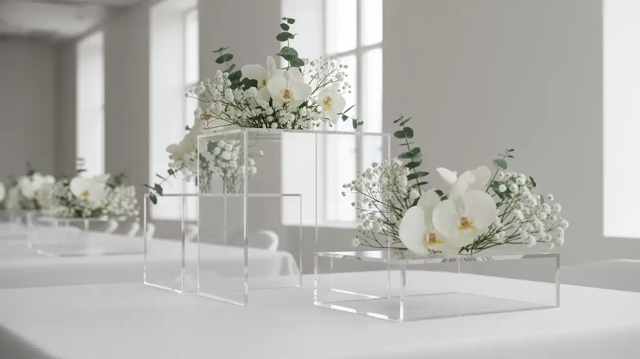 Floral arrangements displayed on clear acrylic stands