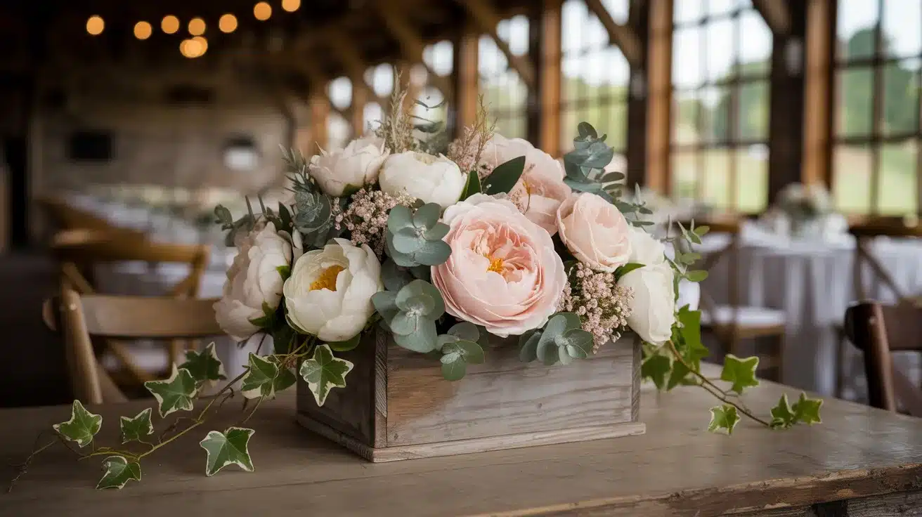 Rustic wooden box filled with flowers