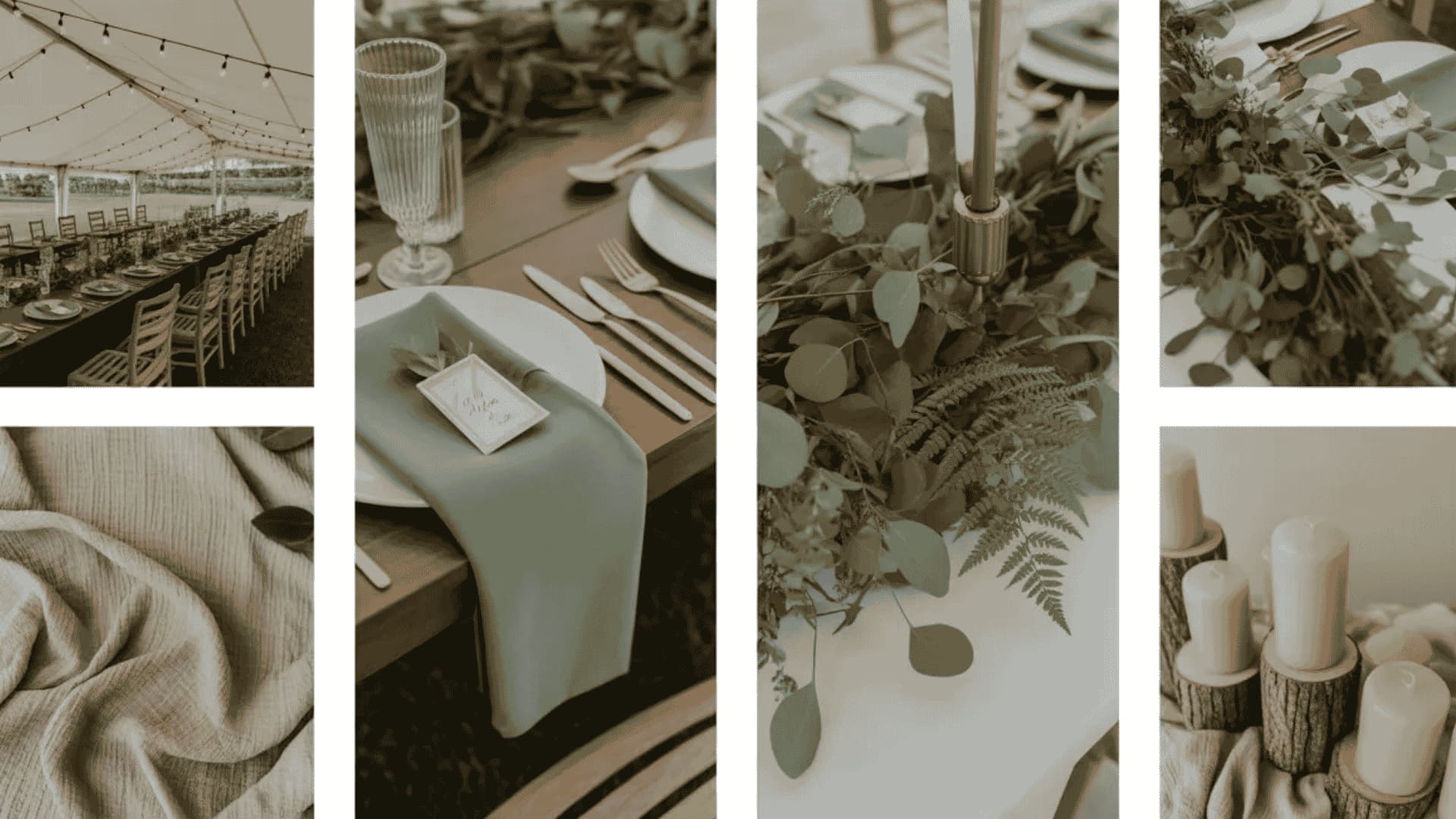 Forest green and beige wedding decor with greenery, linens, and natural styling (1)