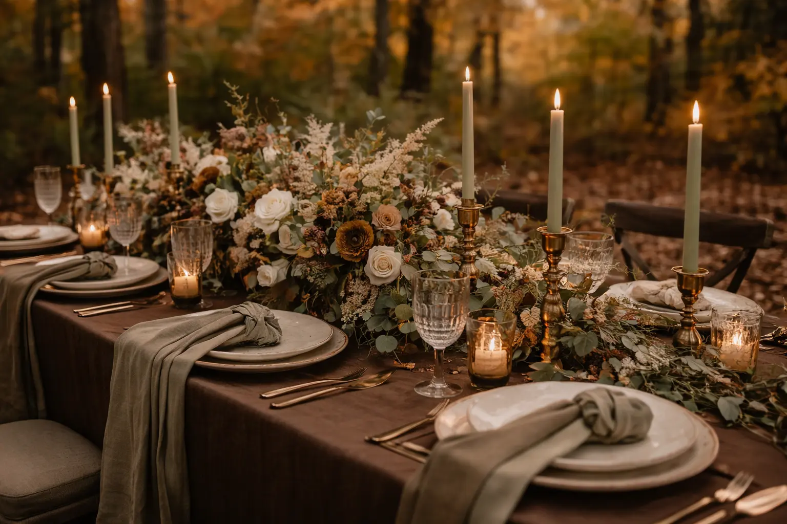 Forest wedding table with chocolate brown linens, sage greenery, beige florals, and candlelight set