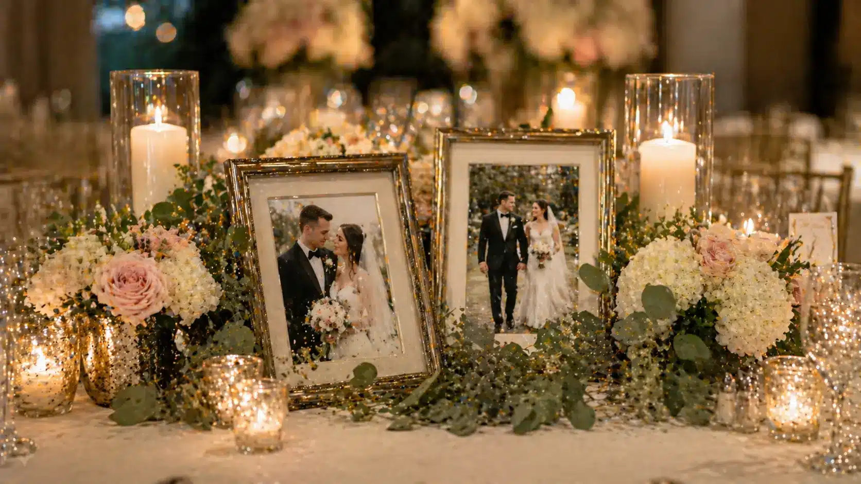 Framed photo memory centerpiece with candles