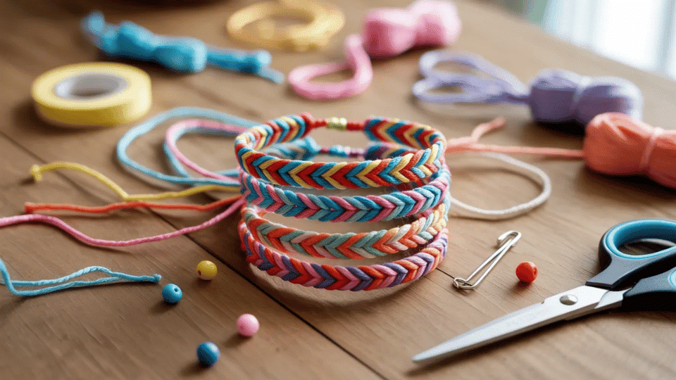 Friendship bracelets on table with thread, beads, and scissors.