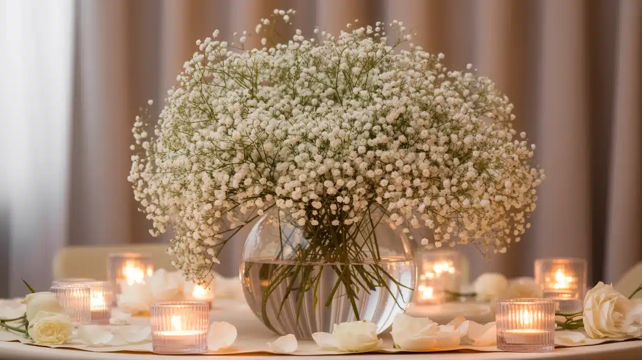 Full baby’s breath bouquet centerpiece in vase