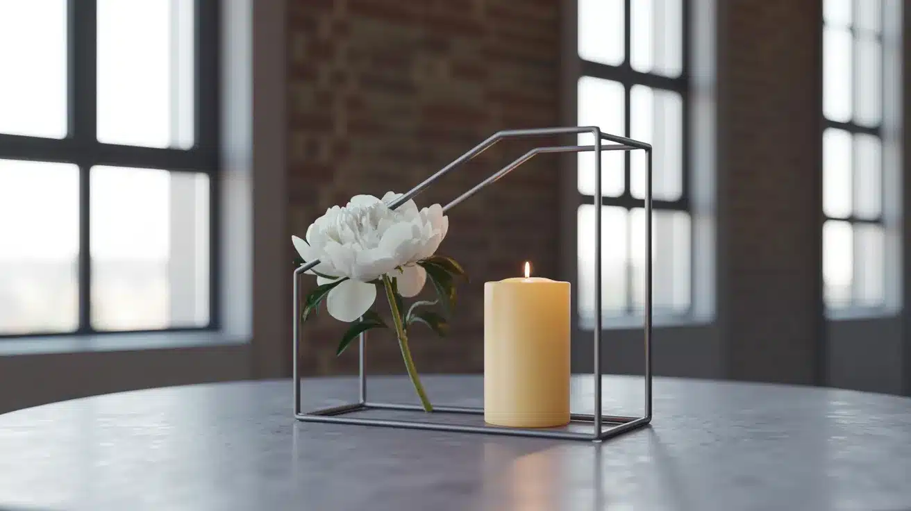 Minimal geometric centerpiece with candle and plant