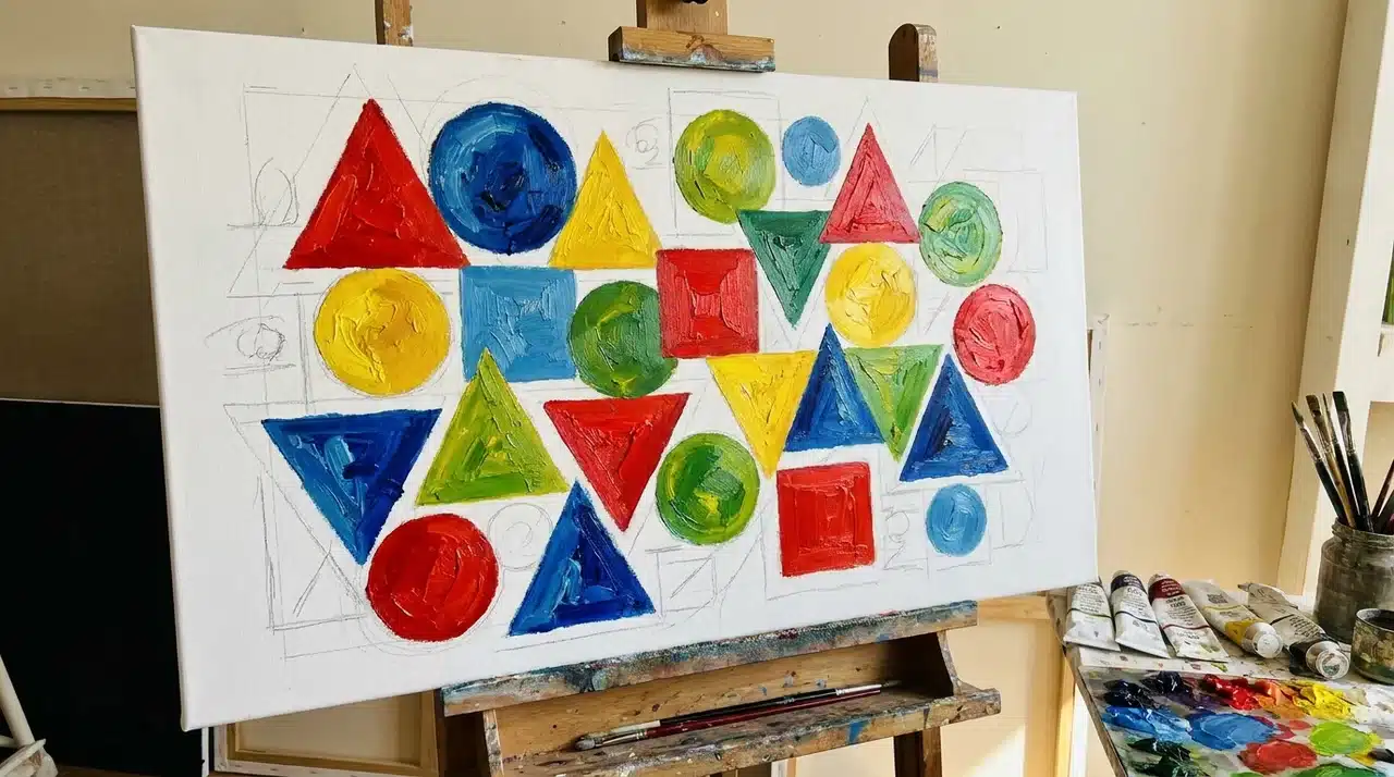 Canvas with colorful geometric shapes and pencil outlines in a studio setting.