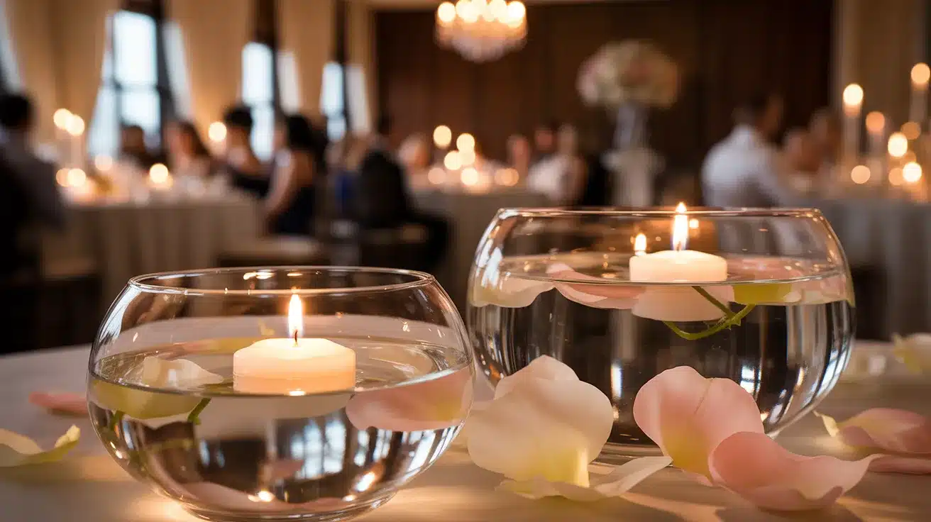 Floating candles in glass bowls with flower petals