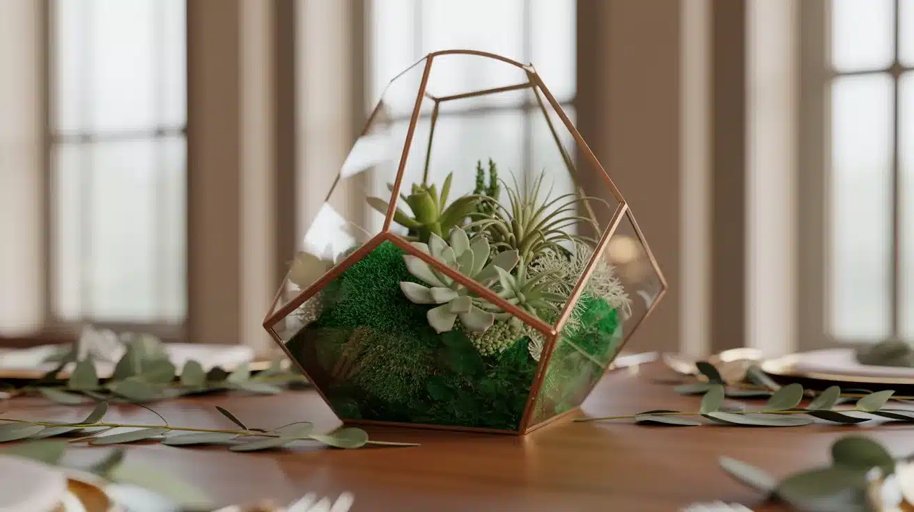 Geometric terrarium centerpiece with succulents