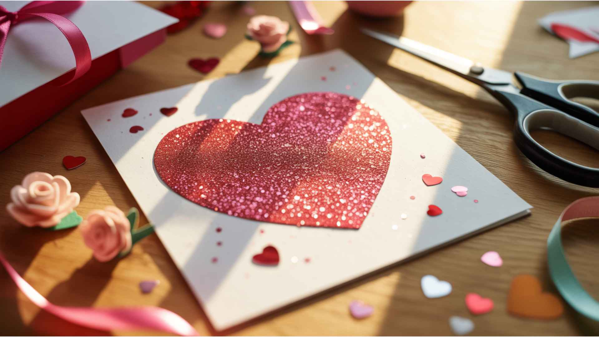DIY Valentine’s card featuring a sparkling heart with glitter glue on white cardstock.