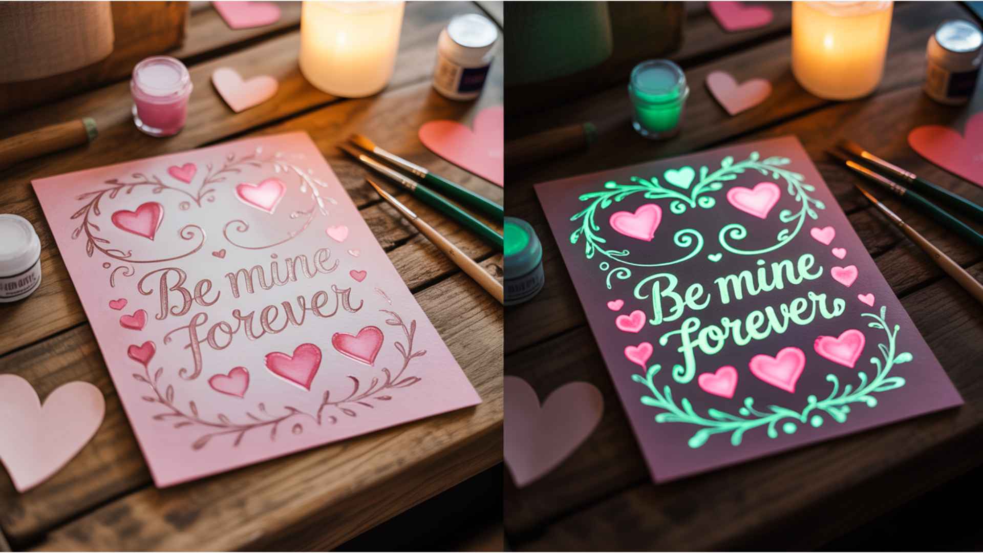 Handmade Valentine’s card with hidden glow-in-the-dark heart designs or messages revealed in the dark.