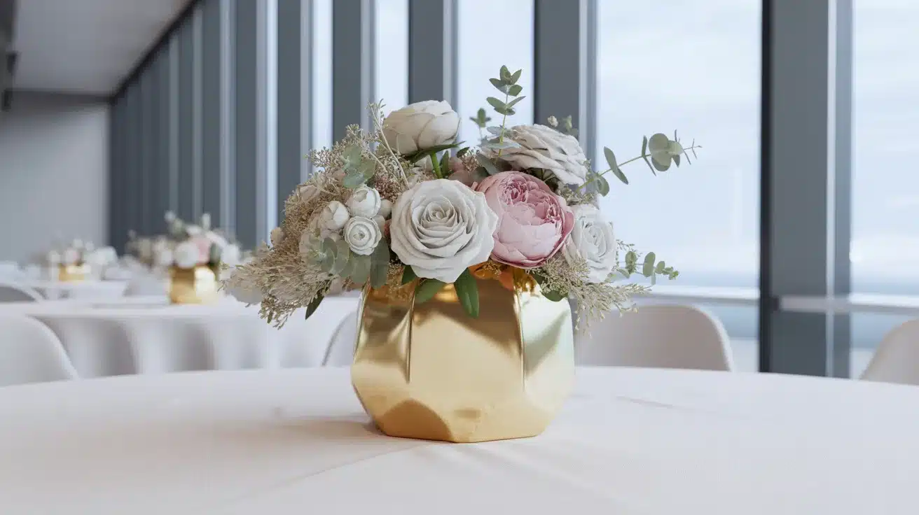 Gold geometric vase with blush flowers