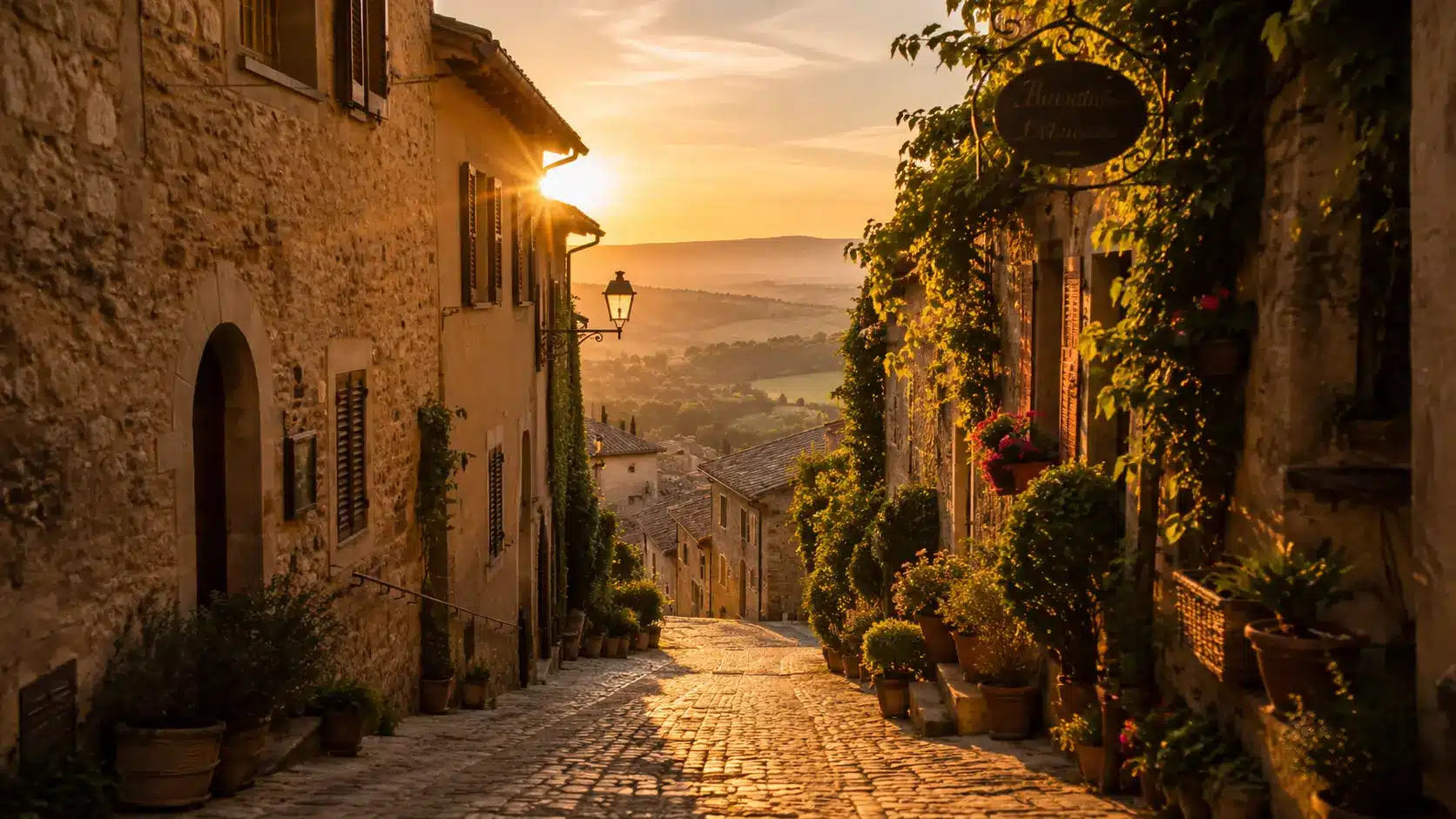 Golden hour light over a scenic street with warm cinematic tones