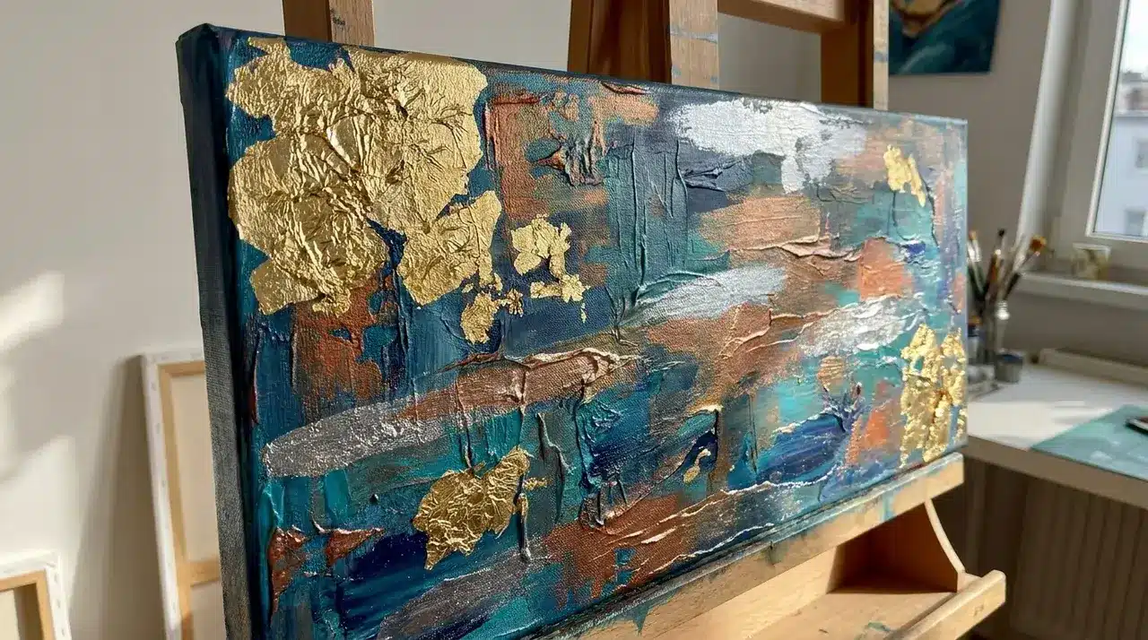 Textured canvas with gold leaf accents on a painted background, metallic shine visible.