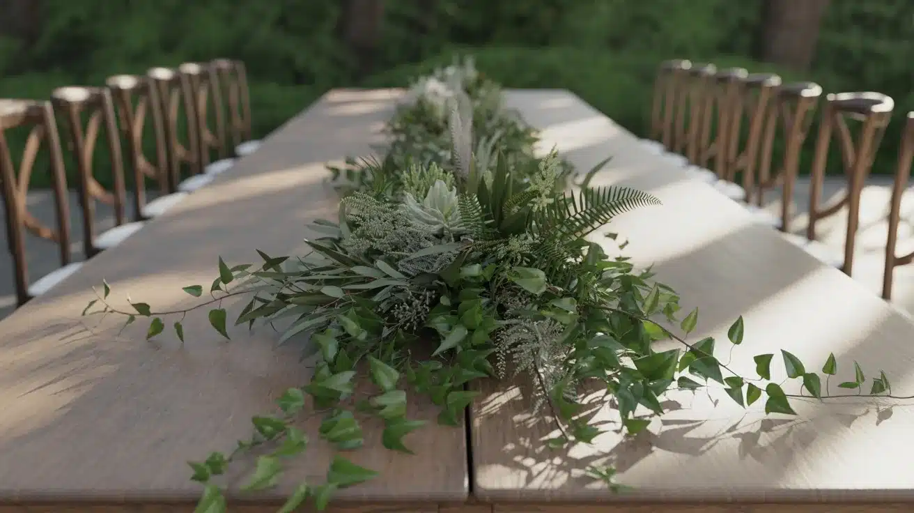 Eucalyptus greenery runner centerpiece on wedding table