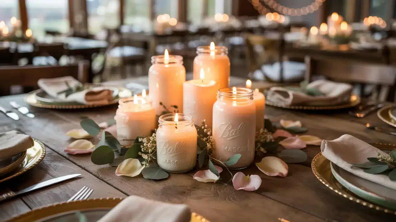 Handmade candle jars used as centerpieces