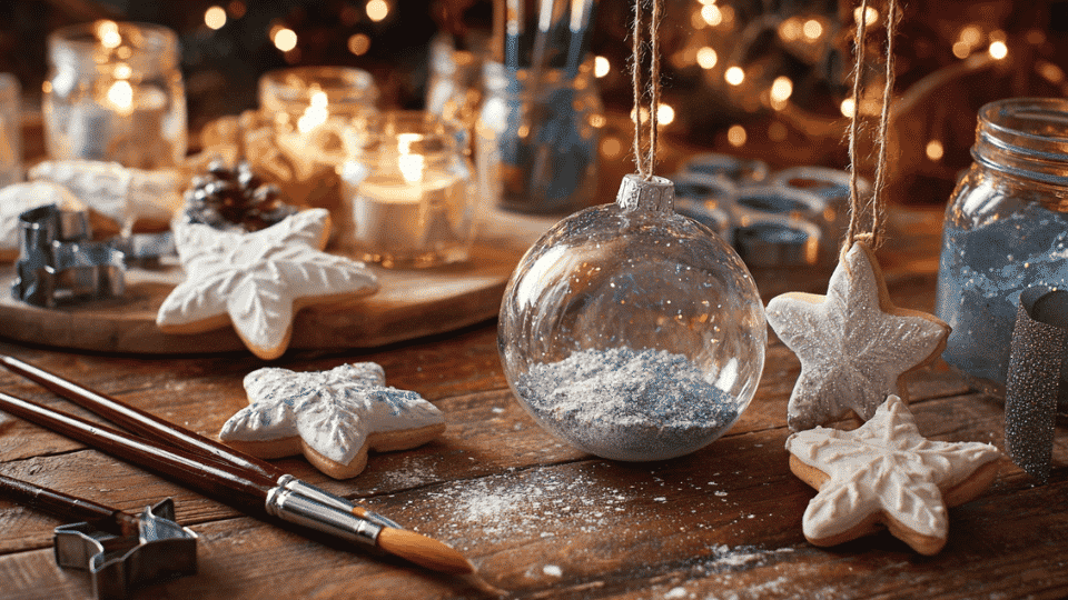 Handmade Christmas ornaments on table with paint, ribbon, and glitter.