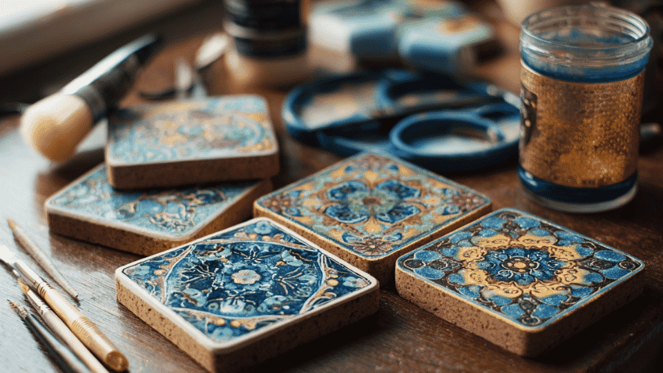 Handmade cork coasters on table with glue and brush.