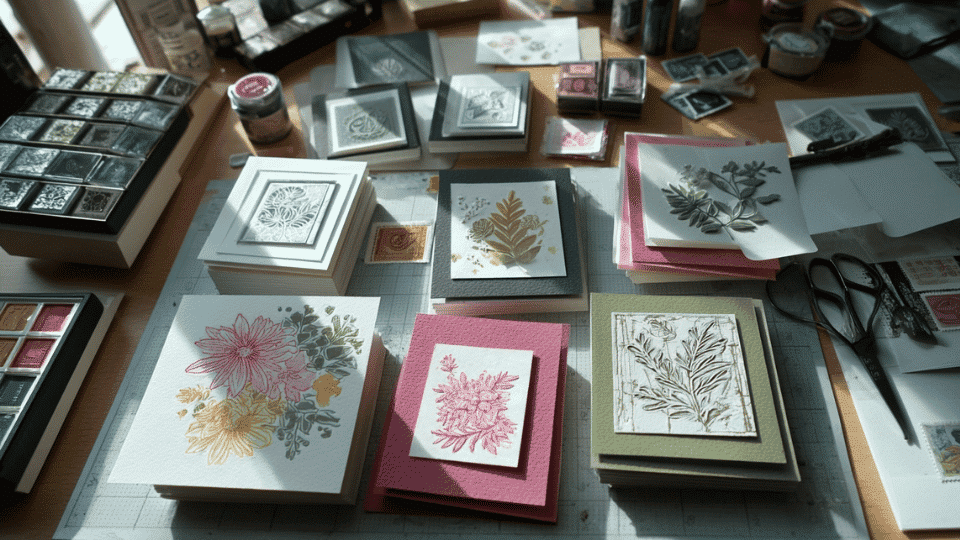 Handmade greeting cards on table with stamps and envelopes.