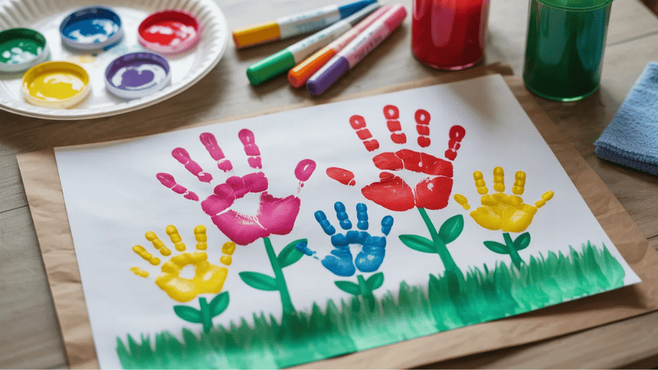 Handprint art on table with paint palette and markers.