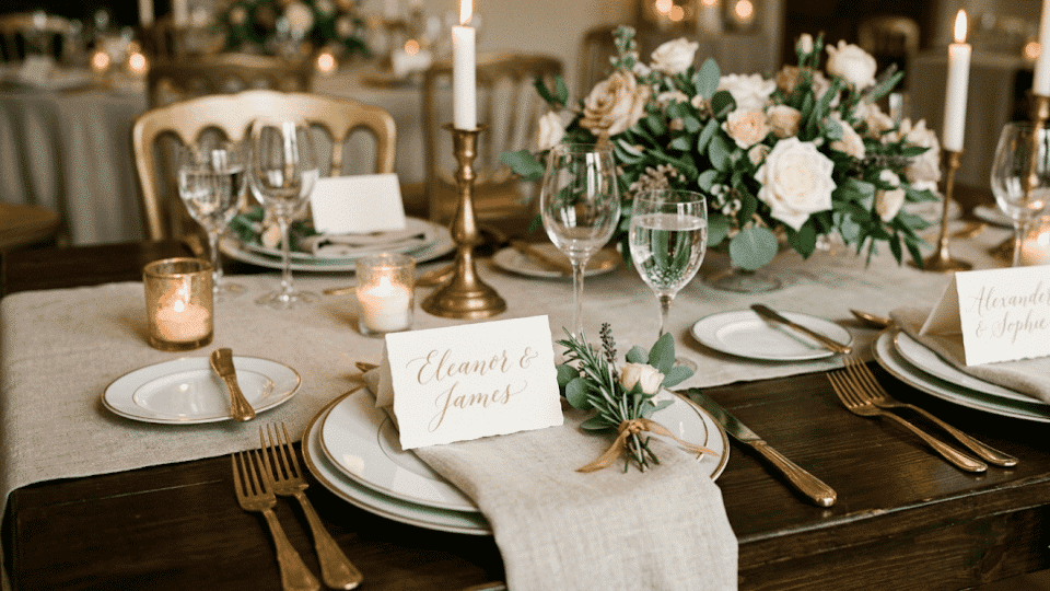 Handwritten wedding place cards with flowers, candles, and elegant table setting