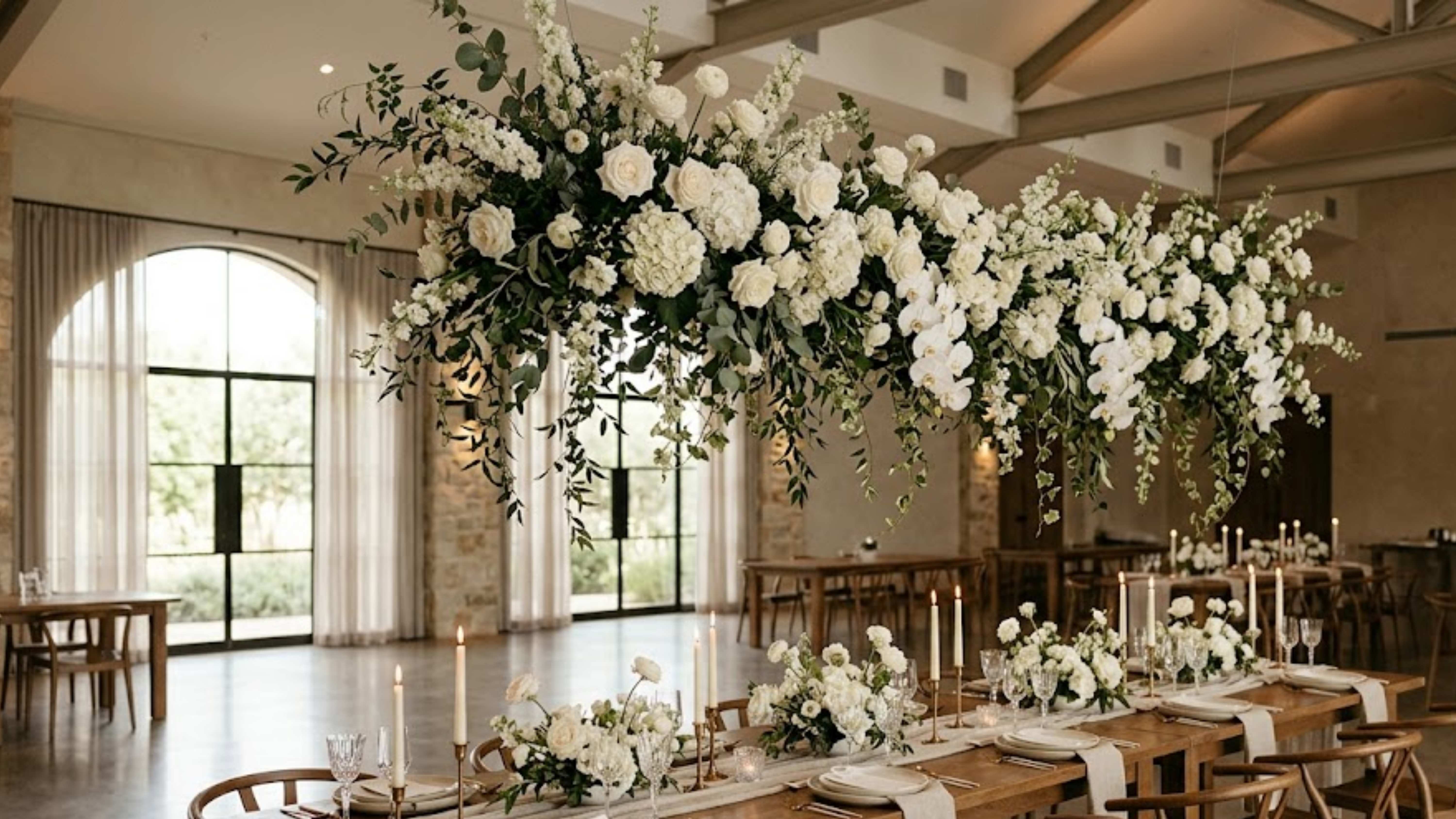 Hanging floral installation above reception tables