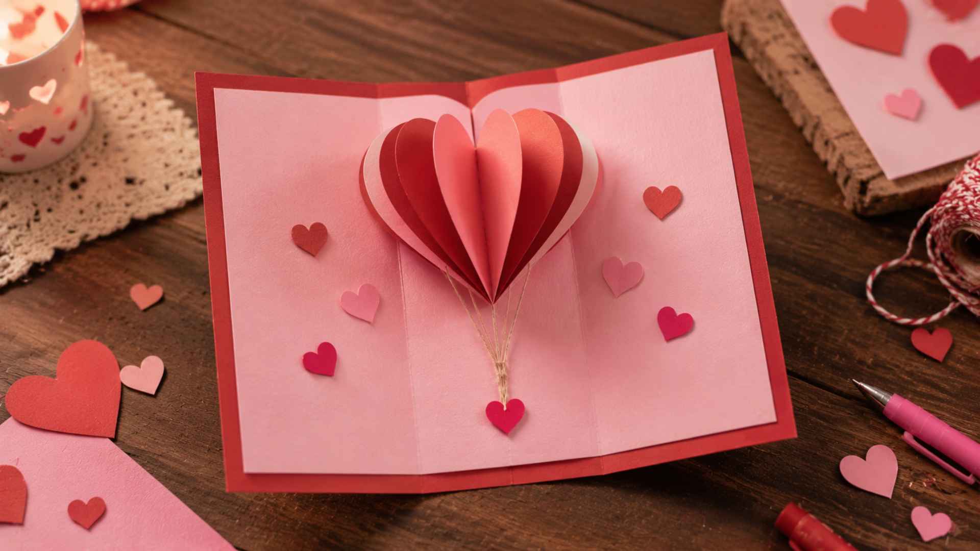 DIY Valentine’s card with pop-up heart balloon inside and a small love message underneath.