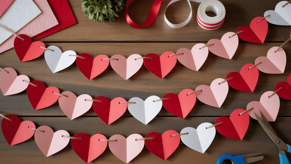 Heart garland on table with paper hearts and scissors.