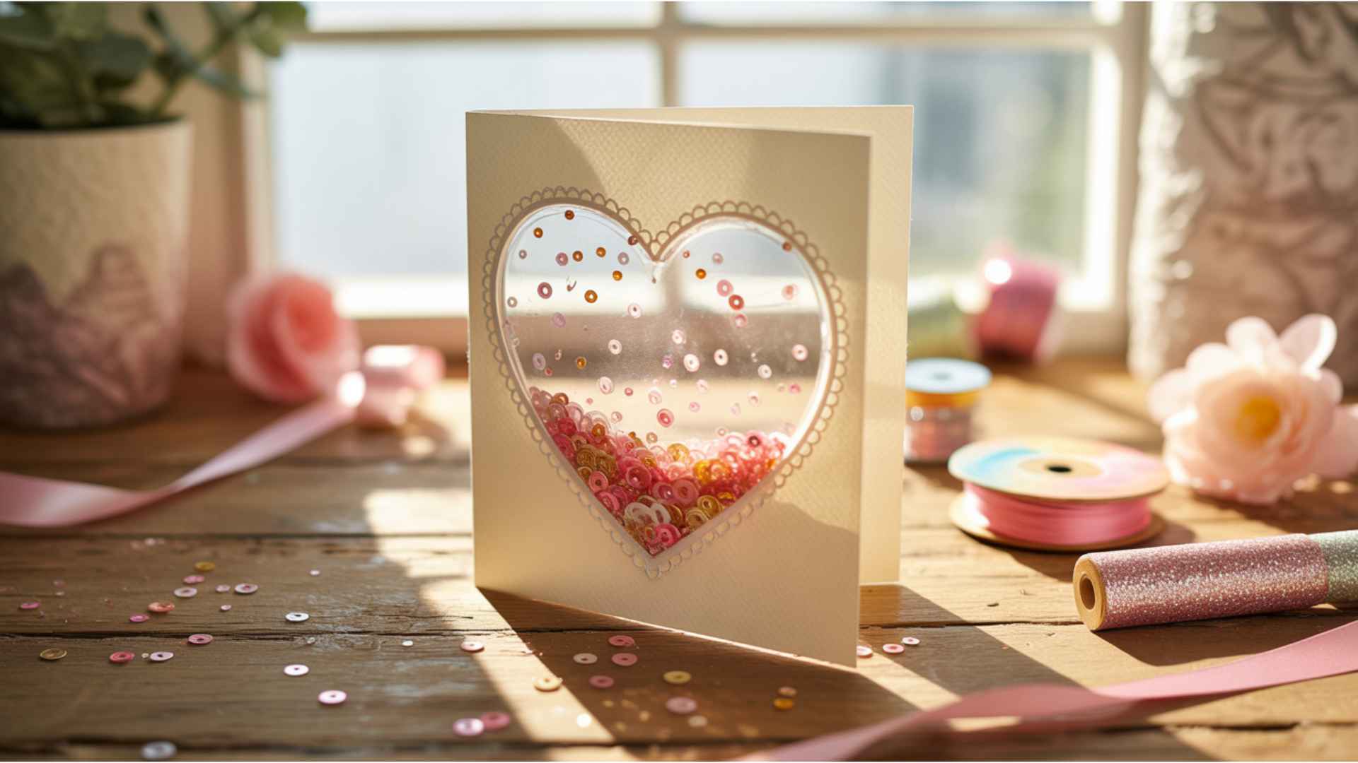 Interactive Valentine’s card with a heart window filled with sequins and beads for playful movement.