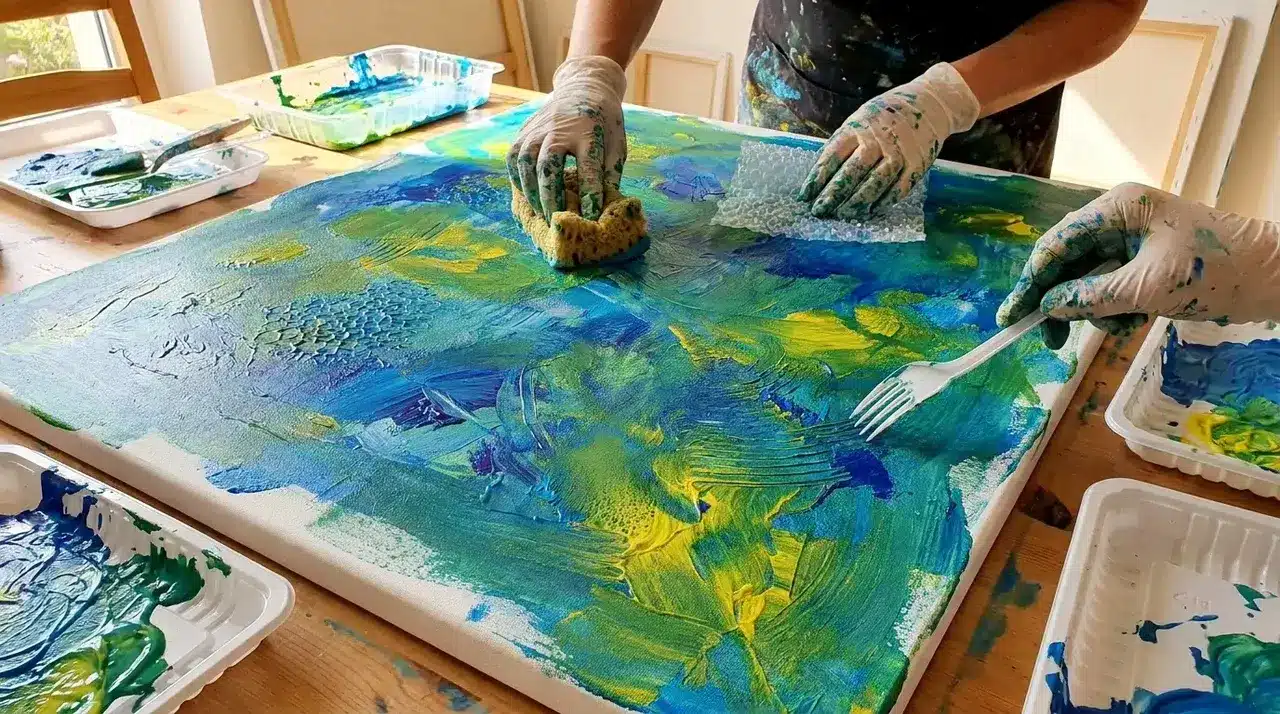 Canvas being painted using sponges, bubble wrap, and forks, hands partially visible