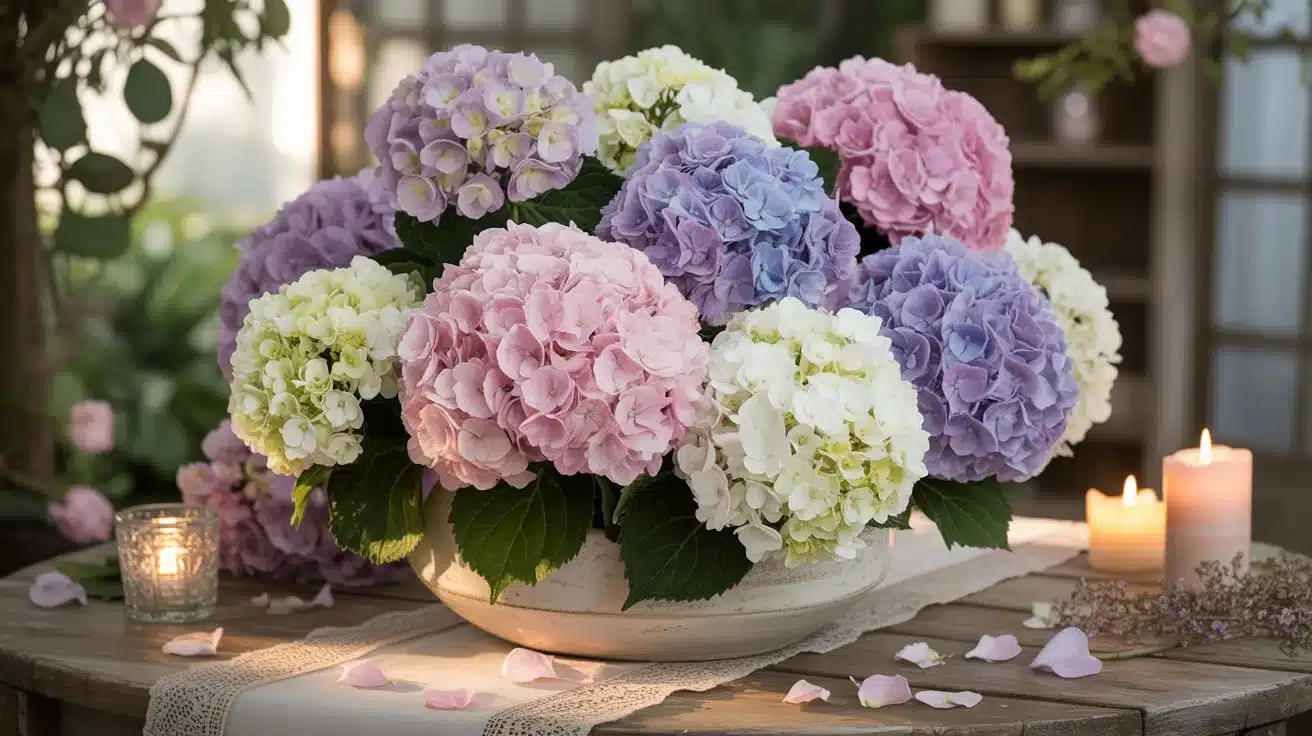 Lush hydrangea centerpiece in round vase