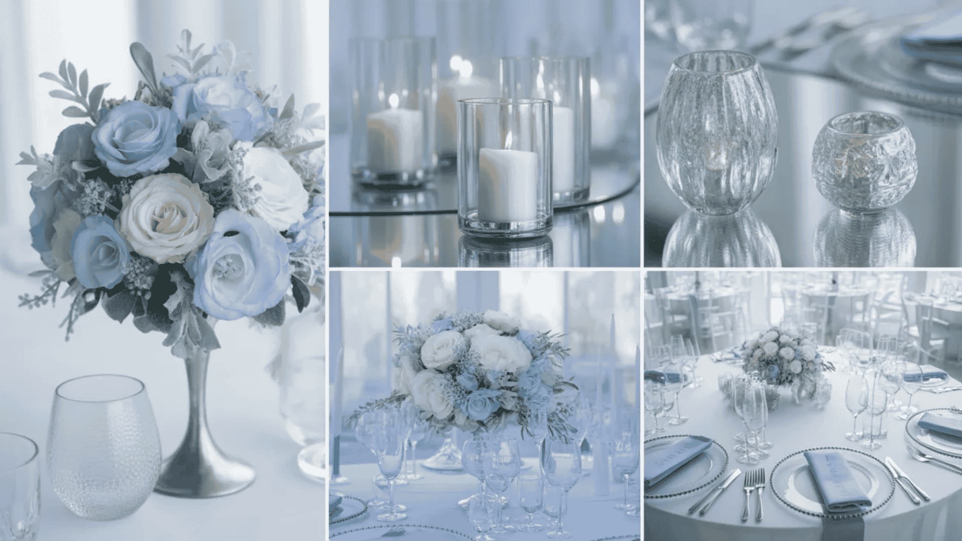 Ice blue and silver wedding decor with florals, glass details, and winter styling