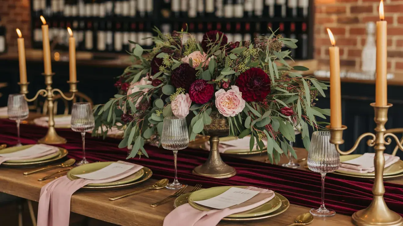 Indoor table with burgundy runner, lush red and blush florals, greenery, and gold candlelight