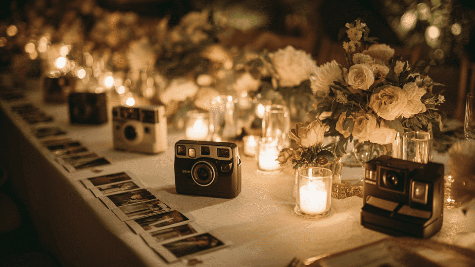 Wedding reception table with instant cameras, printed photos, and candle decor
