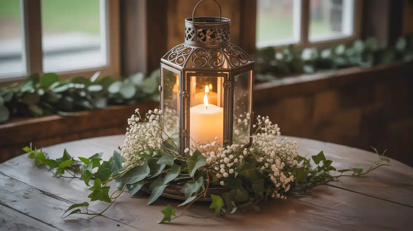Decorative lantern centerpiece with candle and greenery