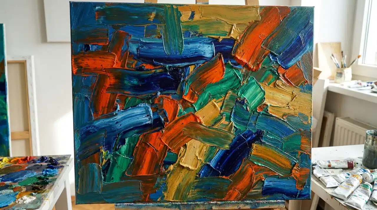 Canvas with layered bold brushstrokes in blue, green, orange, and yellow.