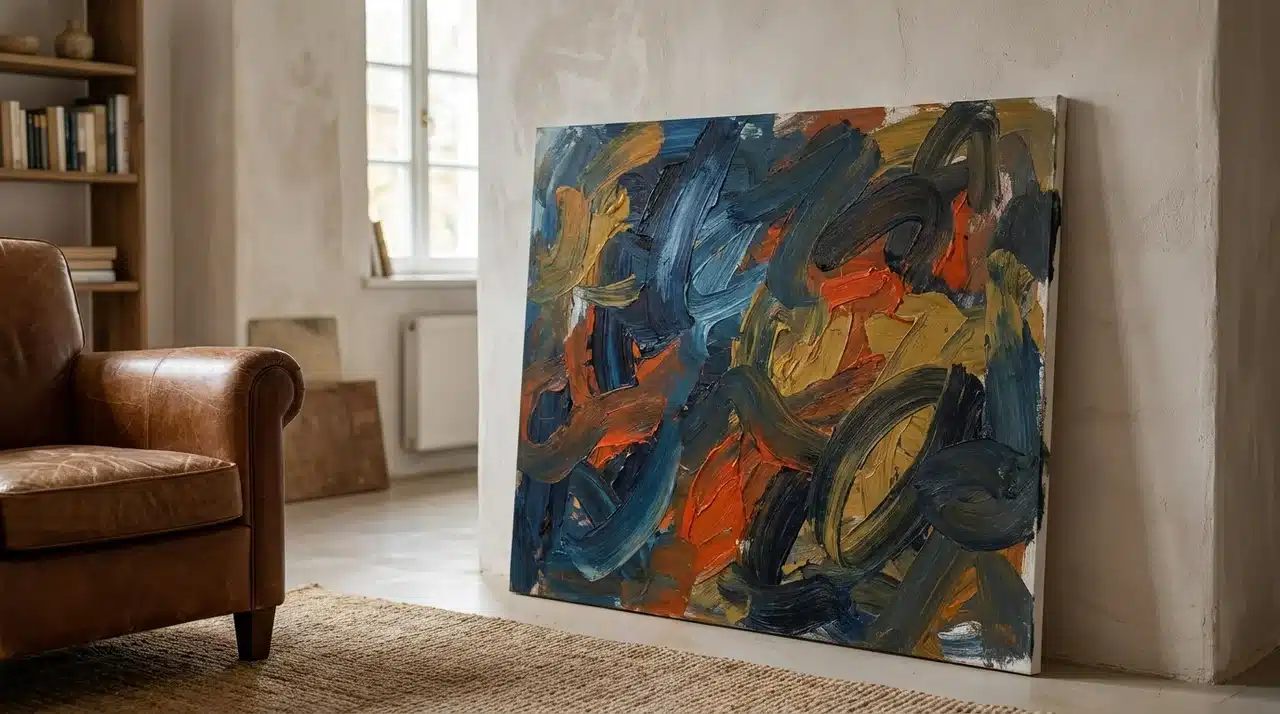 Oversized canvas with broad contrasting brushstrokes in a living space.
