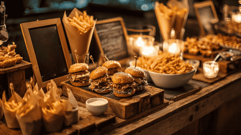 wedding snack bar with sliders, fries, chips, and warm ambient lighting