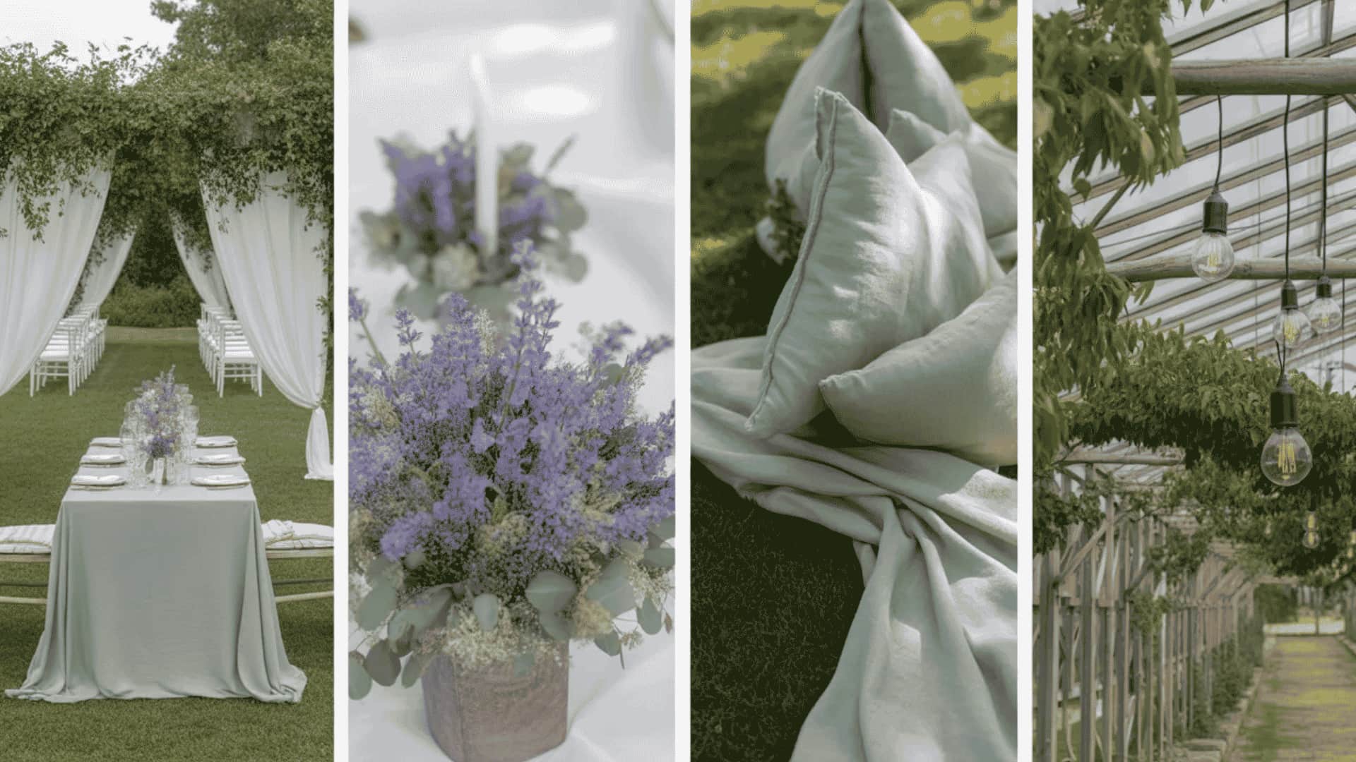 Lavender and sage green wedding decor with florals, table styling, and garden setting